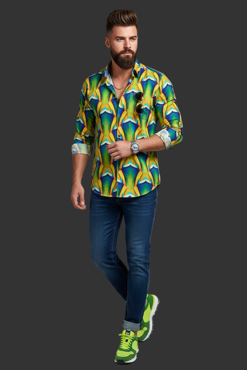 “Emerald Tide”  Men's Casual Lapel Long Sleeve Shirt|125GSM Cotton