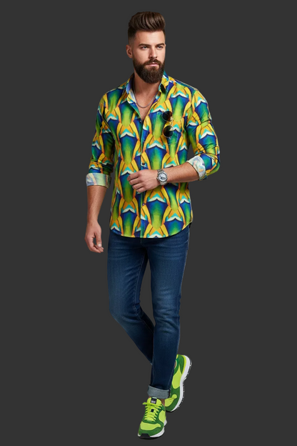 “Emerald Tide”  Men's Casual Lapel Long Sleeve Shirt|125GSM Cotton