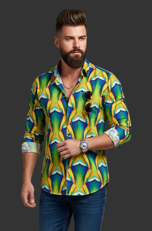 “Emerald Tide”  Men's Casual Lapel Long Sleeve Shirt|125GSM Cotton