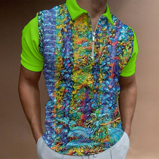 “Flouro Jungle” Men's Half Zip Polo Shirt With Short Sleeve