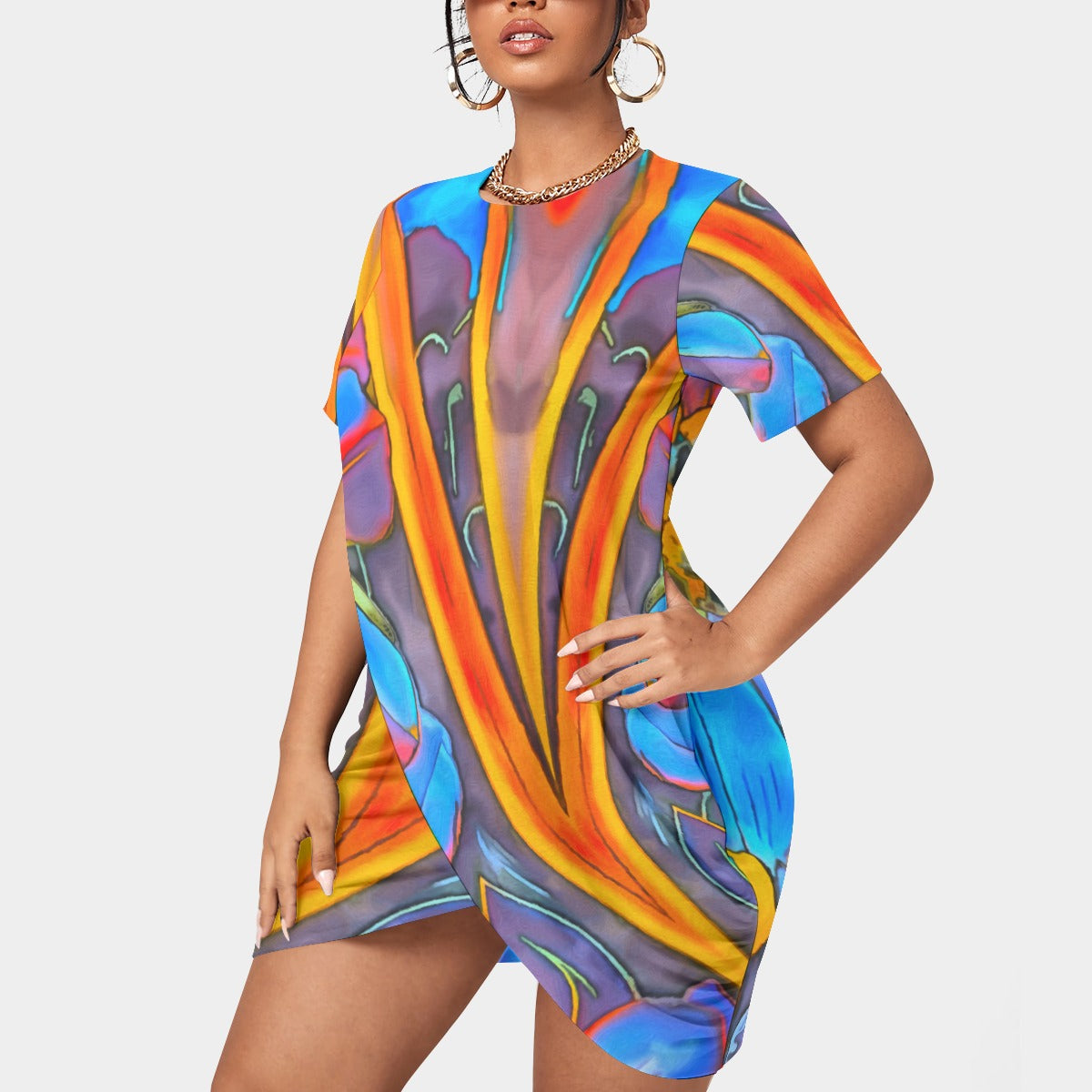“Electric Bloom” Women’s Stacked Hem Dress With Short Sleeve（Plus Size）