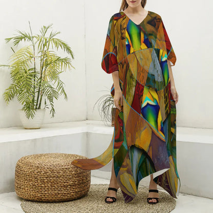 “Earthen Tessellation”  Women's Imitation Silk V-neck Kaftan Robe