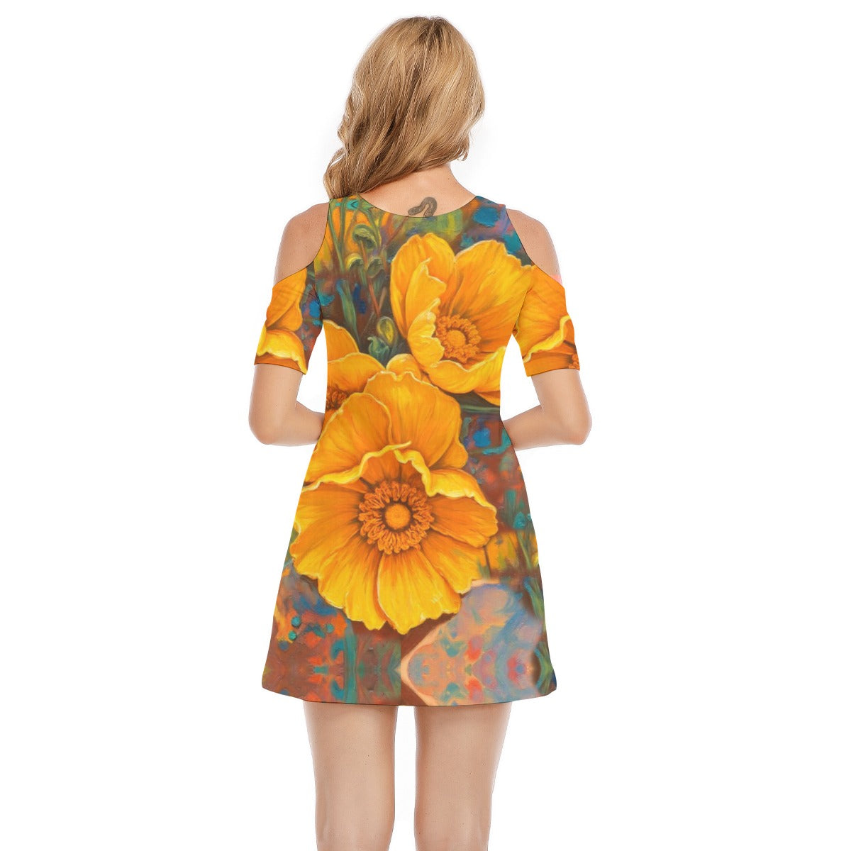 “Golden Cascade” Women's Cold Shoulder Dress | 190GSM Cotton