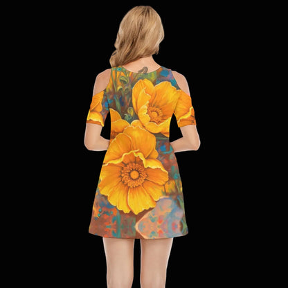 “Golden Cascade” Women's Cold Shoulder Dress | 190GSM Cotton