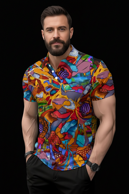 “Fractured Dreamscape” Men's Short Sleeve Button Polo Shirt