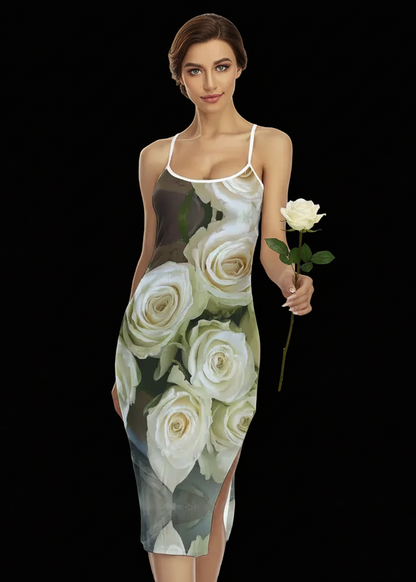 “White Roses” Women's Back Cross Cami Dress
