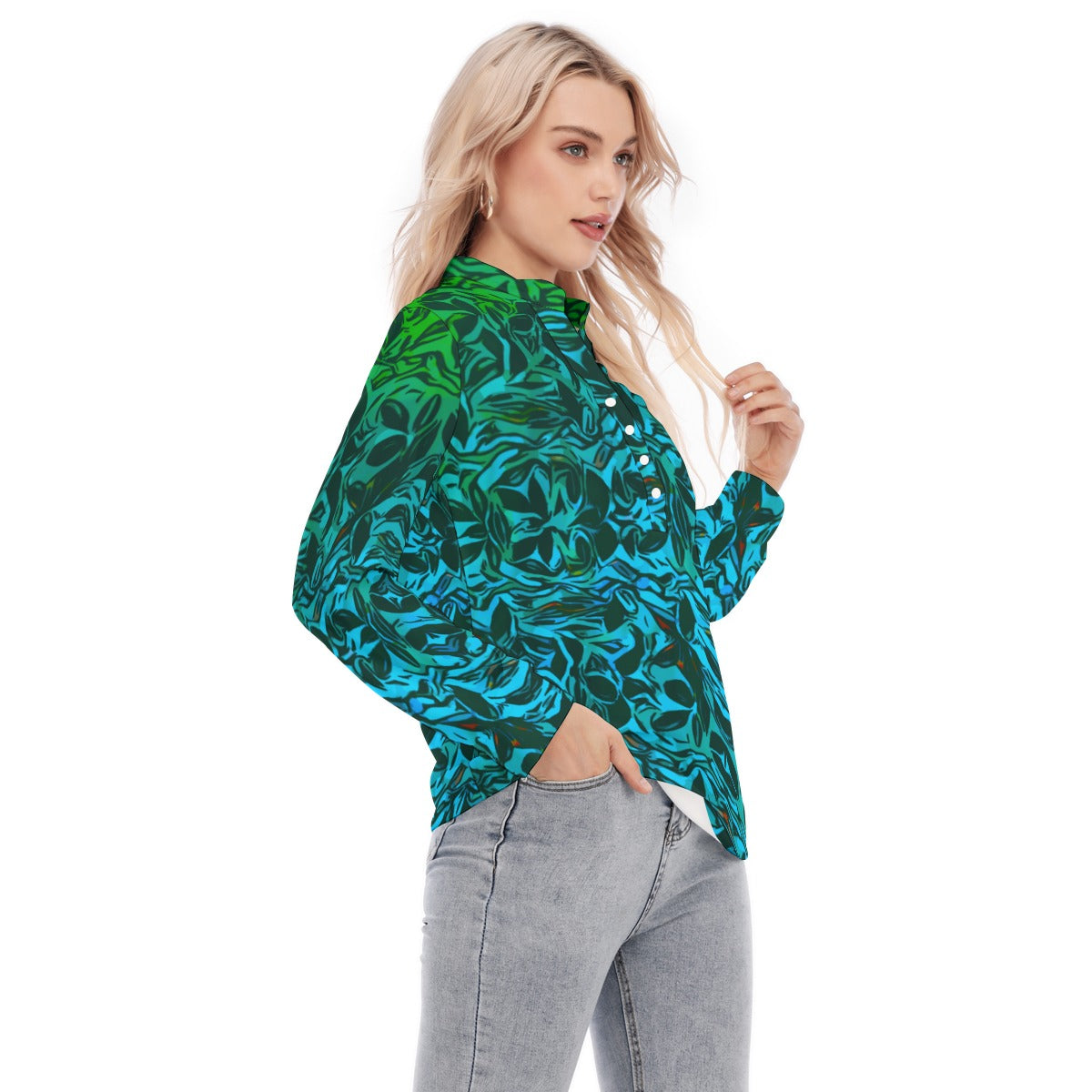 “Tribal Oceanic” Women's Long Sleeve Blouse With Button Closure