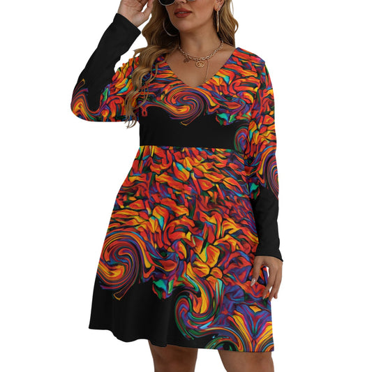 “Inferno” Women's V-neck Long Sleeve Dress(Plus Size)