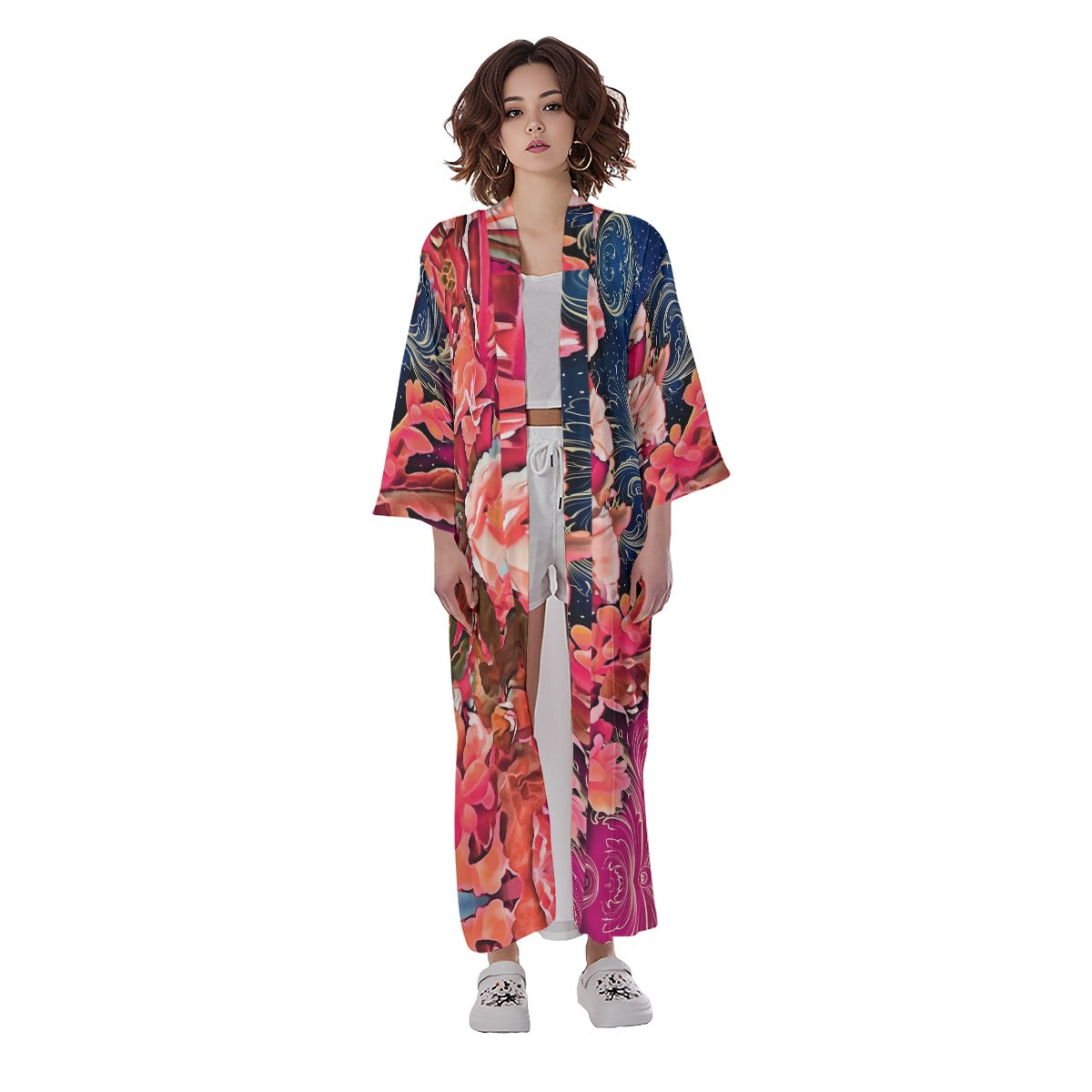 “Celestial Bloom” Women's Long Satin Kimono Robe