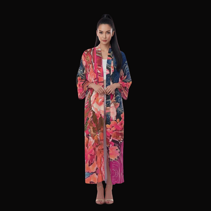 “Celestial Bloom” Women's Long Satin Kimono Robe