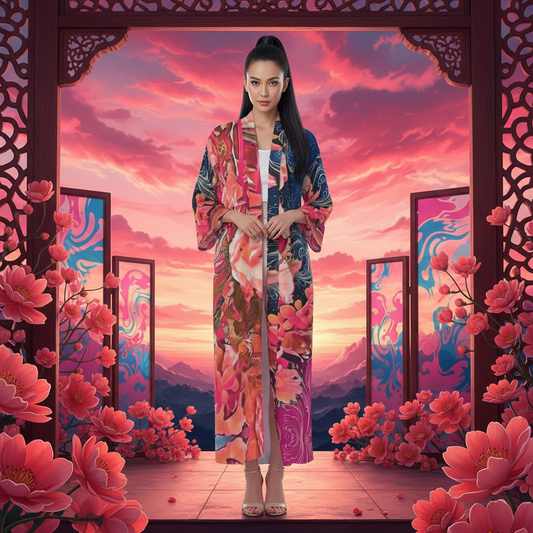 “Celestial Bloom” Women's Long Satin Kimono Robe