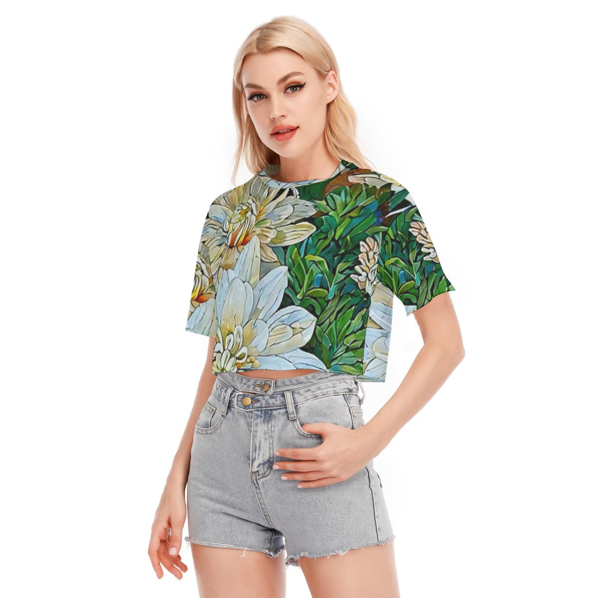 “White Floral Medley”  Women's Cropped T-shirt | 190GSM Cotton
