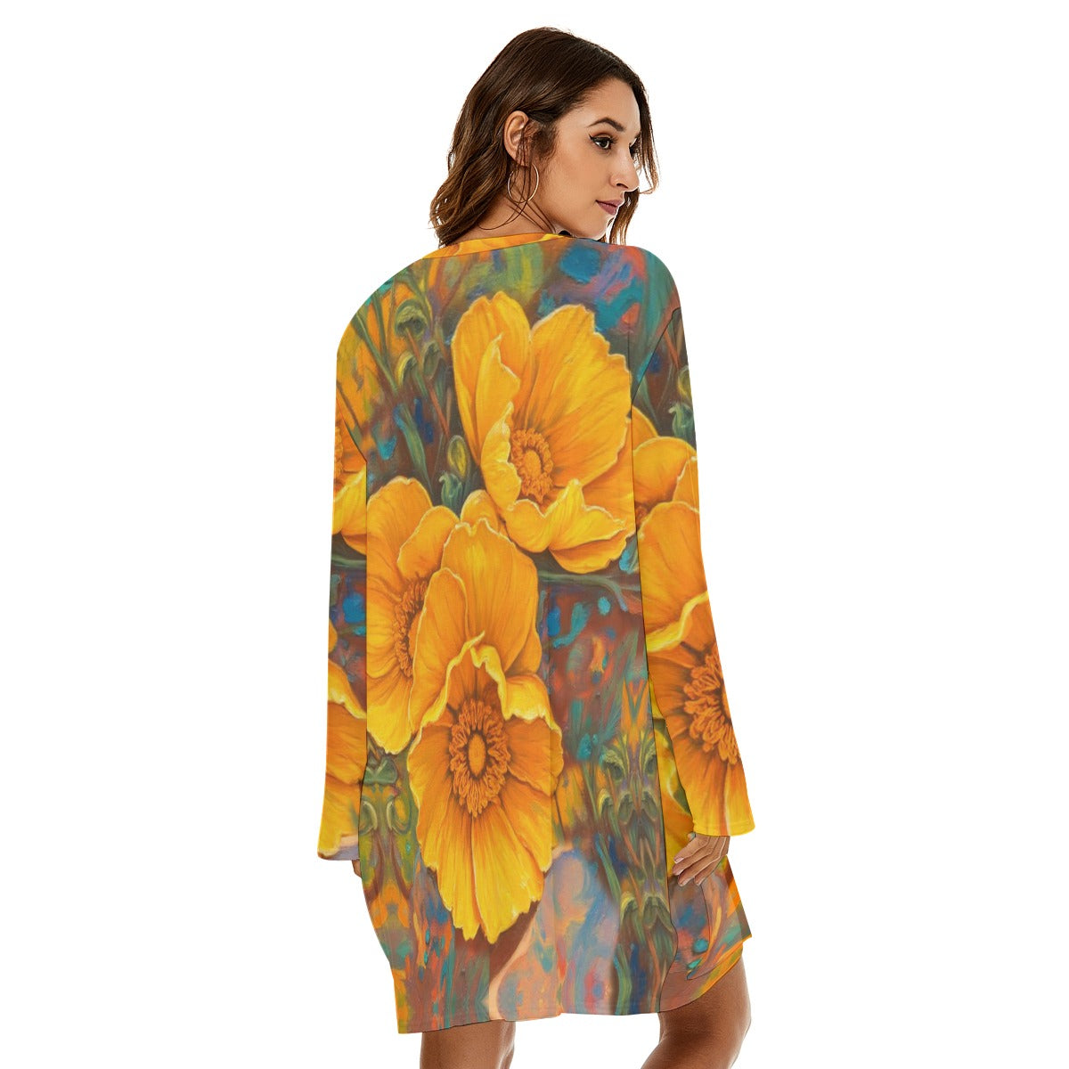 “Golden Cascade” Women's Loose Crew Neck Dress