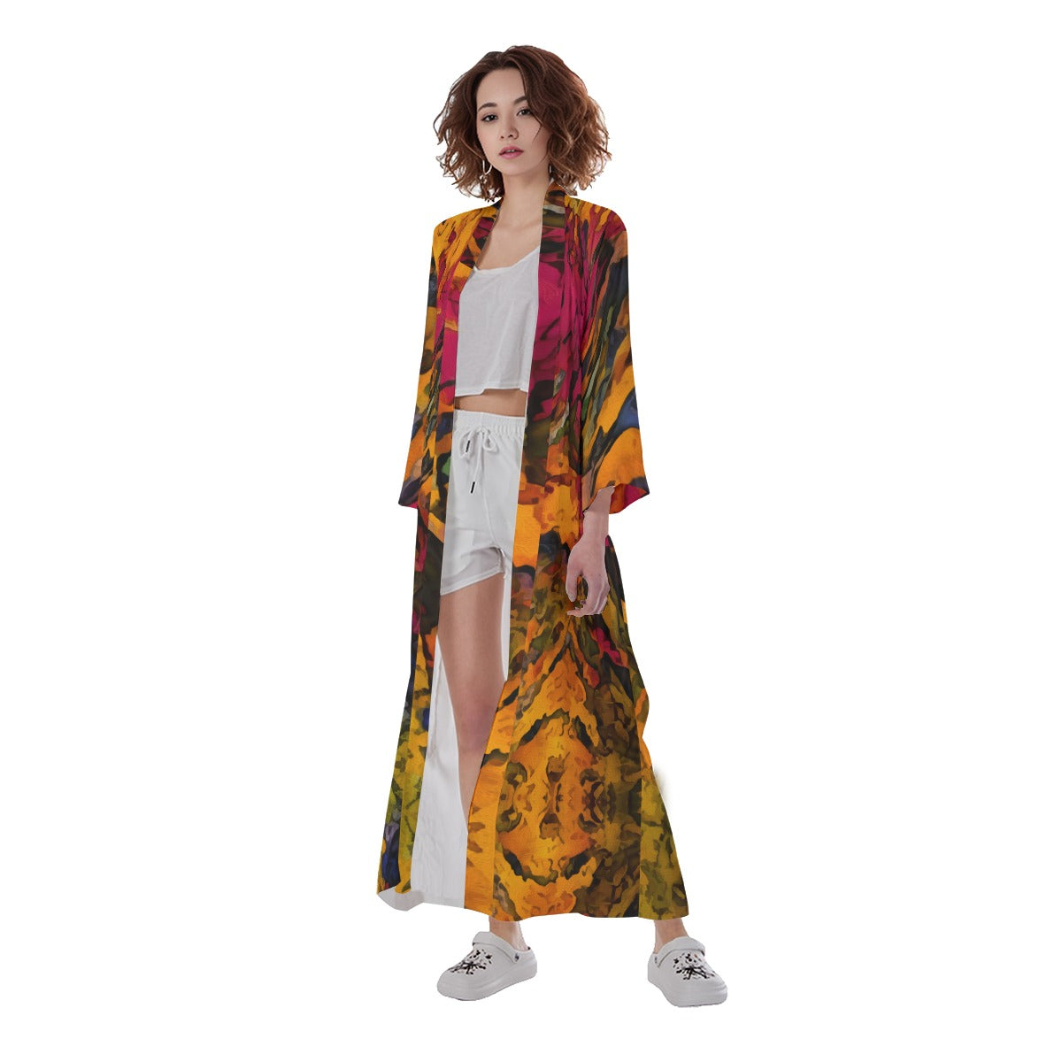 “Golden Flux”  Women's Long Satin Kimono Robe