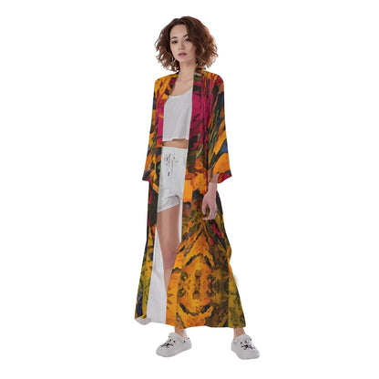 “Golden Flux”  Women's Long Satin Kimono Robe