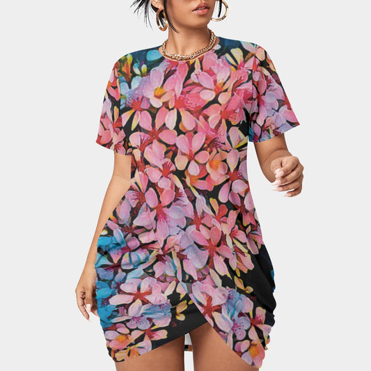“Pink India Hawthorn” Women’s Stacked Hem Dress With Short Sleeve（Plus Size）