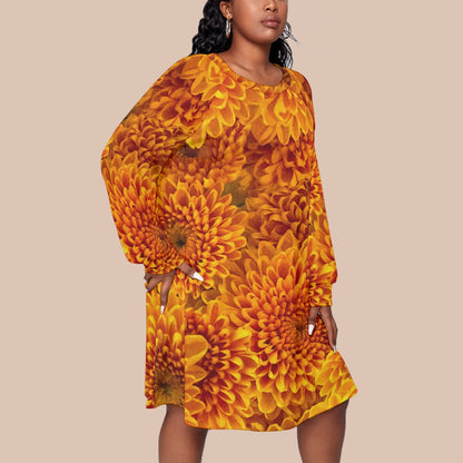 “Orange Chrysanthemum” Women's Dress With Raglan Sleeve(Plus Size)