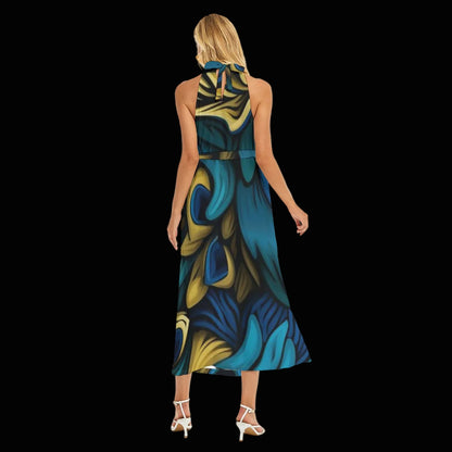 “Sapphire Swirl” Women's Wrap Hem Belted Halter Dress