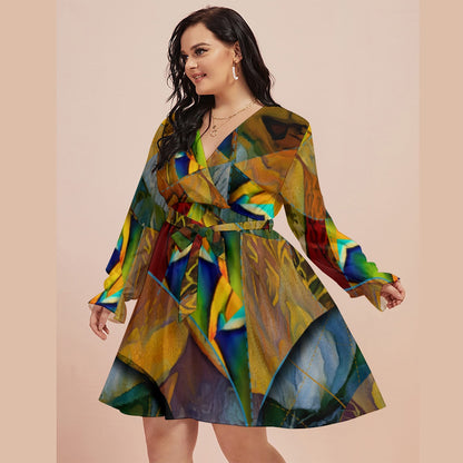 “Earthen Tessellation”  Women's V-neck Dress With Waistband(Plus Size)