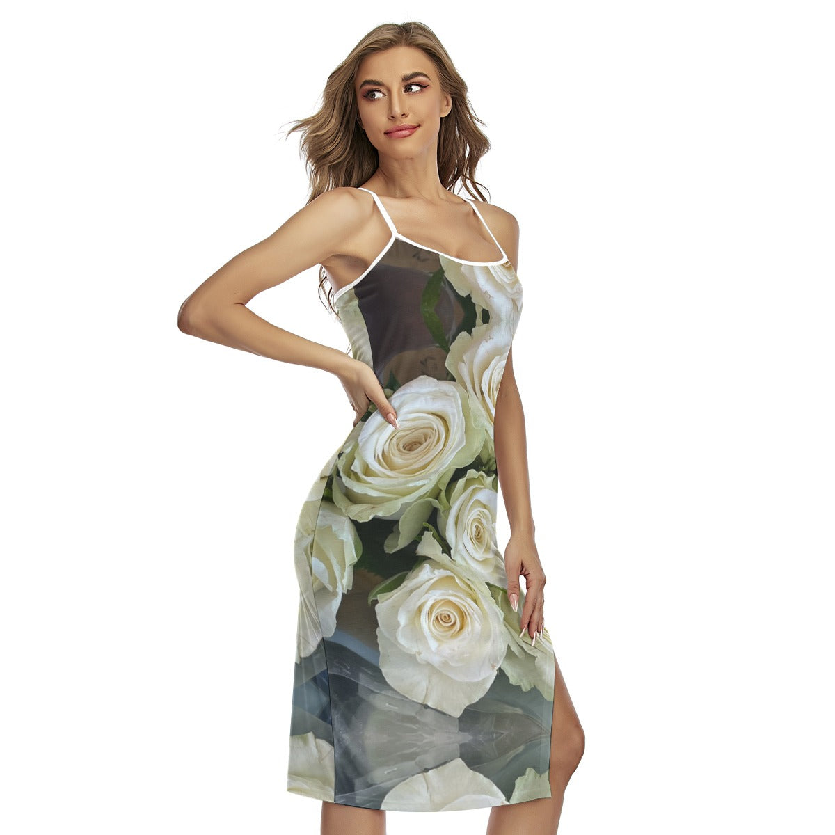 “White Roses” Women's Back Cross Cami Dress