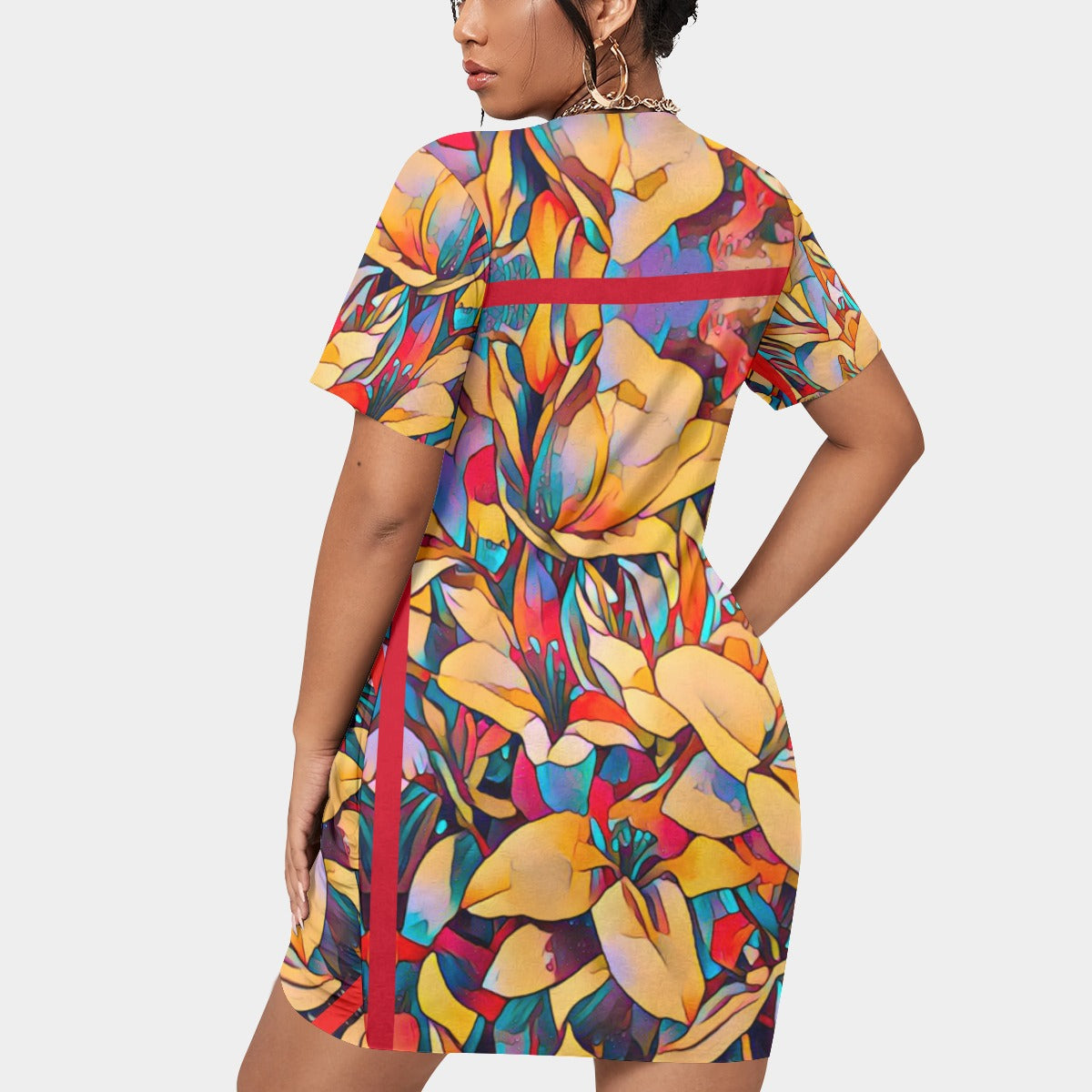 “Fragmented Bloom”  Women’s Stacked Hem Dress With Short Sleeve（Plus Size）