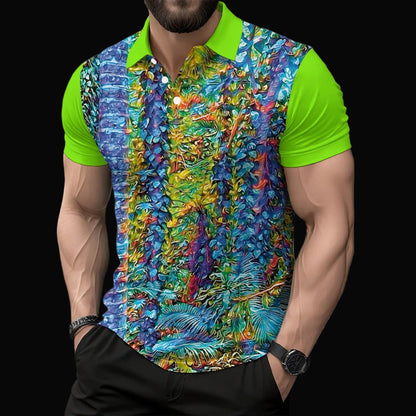 “Flouro Jungle” Men's Short Sleeve Button Polo Shirt