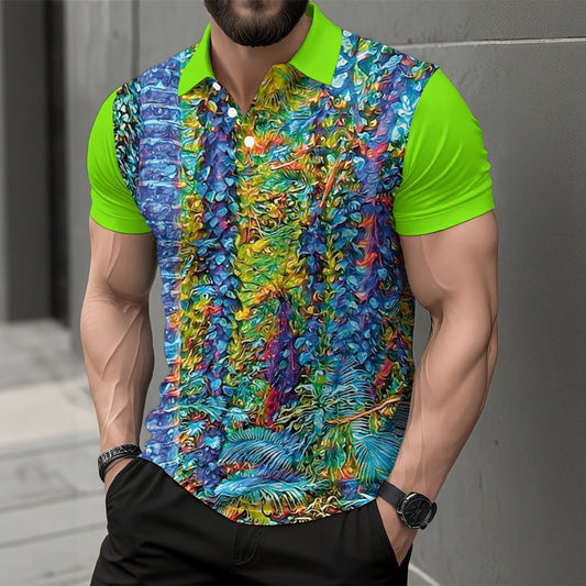 “Flouro Jungle” Men's Short Sleeve Button Polo Shirt
