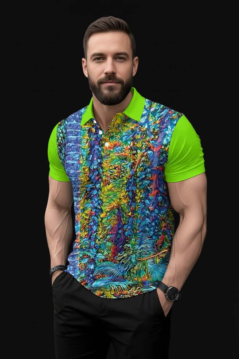 “Flouro Jungle” Men's Short Sleeve Button Polo Shirt