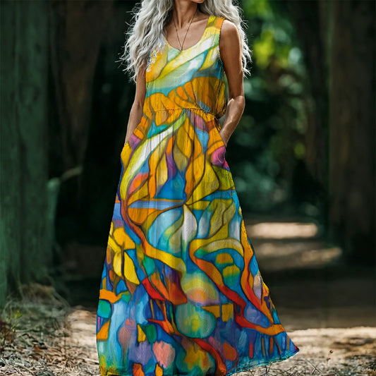 “Sunrise Stained Glass” Sleeveless Maxi Dress