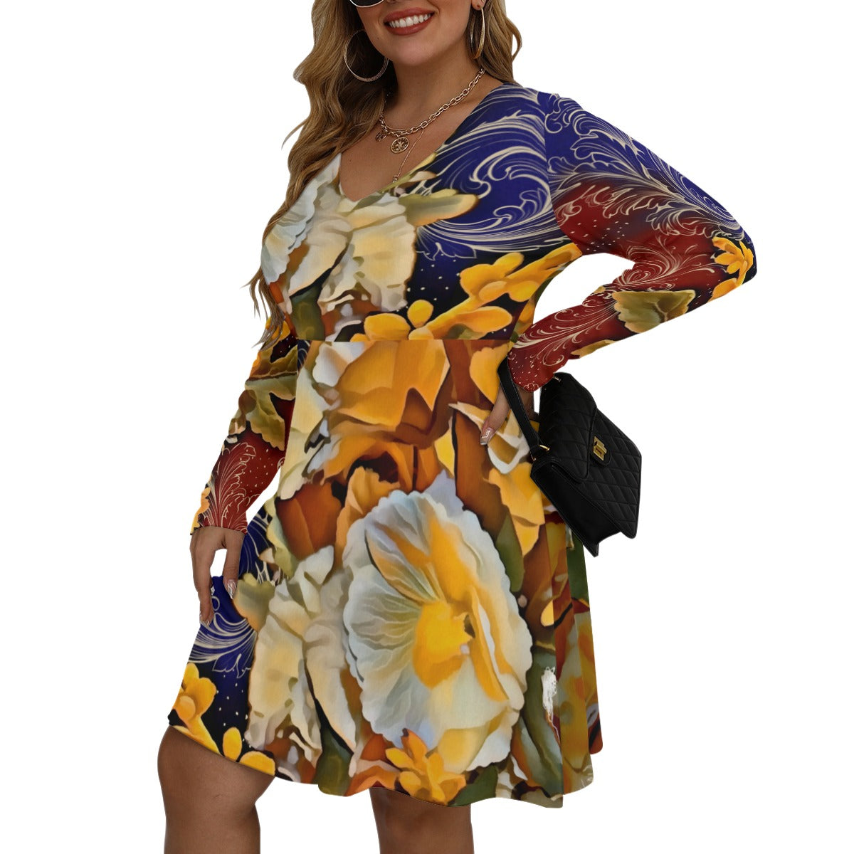 “Solara” Women's V-neck Long Sleeve Dress(Plus Size)