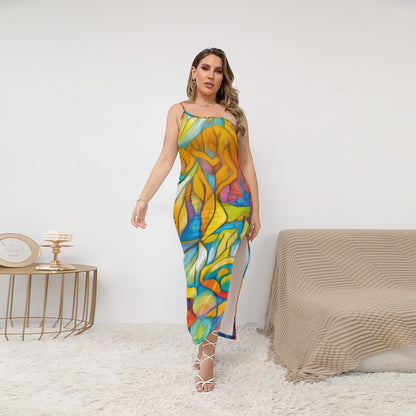 “Sunrise Stained Glass”  Oblique-Shoulder Exposure Dress With Side Split (Plus Size)