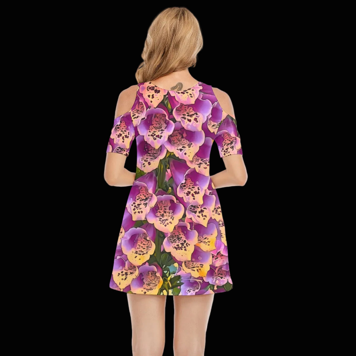 “Foxglove Cascade“ Women's Cold Shoulder Dress | 190GSM Cotton