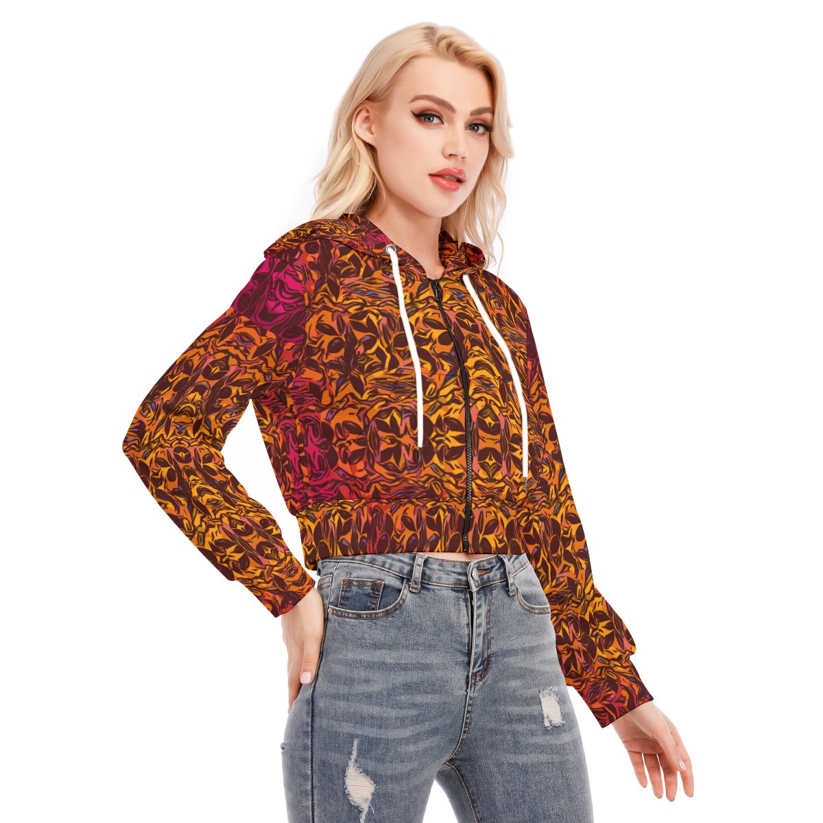 “Tribal Sunset” Women's Crop Top Hoodie With Zipper Closure