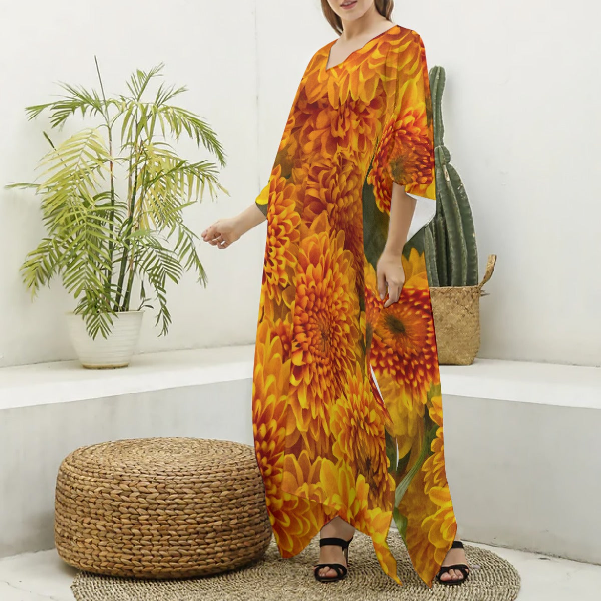 “Orange Chrysanthemum” Women's Imitation Silk V-neck Kaftan Robe