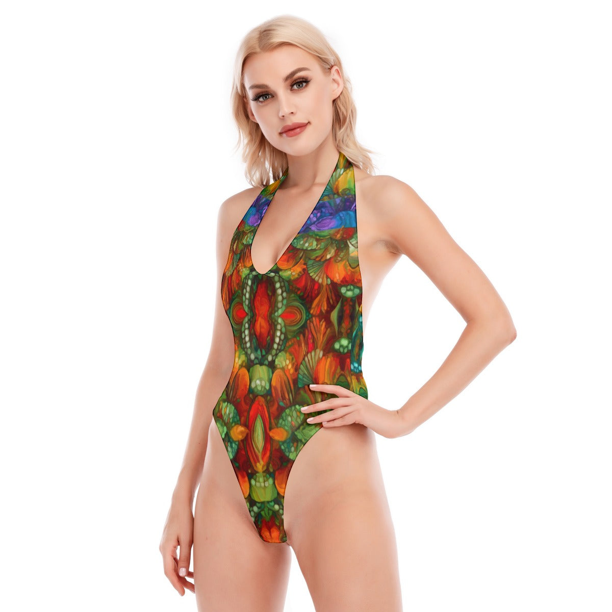 “Kaleidoscopic Spectrum” Women's Backless V-neck Skinny Bodysuit