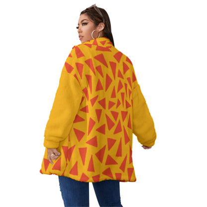 “Tangerine Tease” Unisex Borg Fleece Stand-up Collar Coat With Zipper Closure(Plus Size)