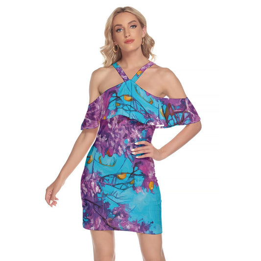 “Jacaranda Season” (Cobalt) Women's Cold Shoulder Cami Dress With Ruffle