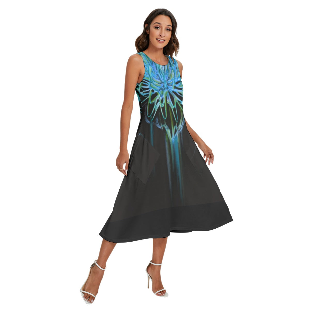 "Gothic Flora" Women's Sleeveless Dress with Diagonal Pocket