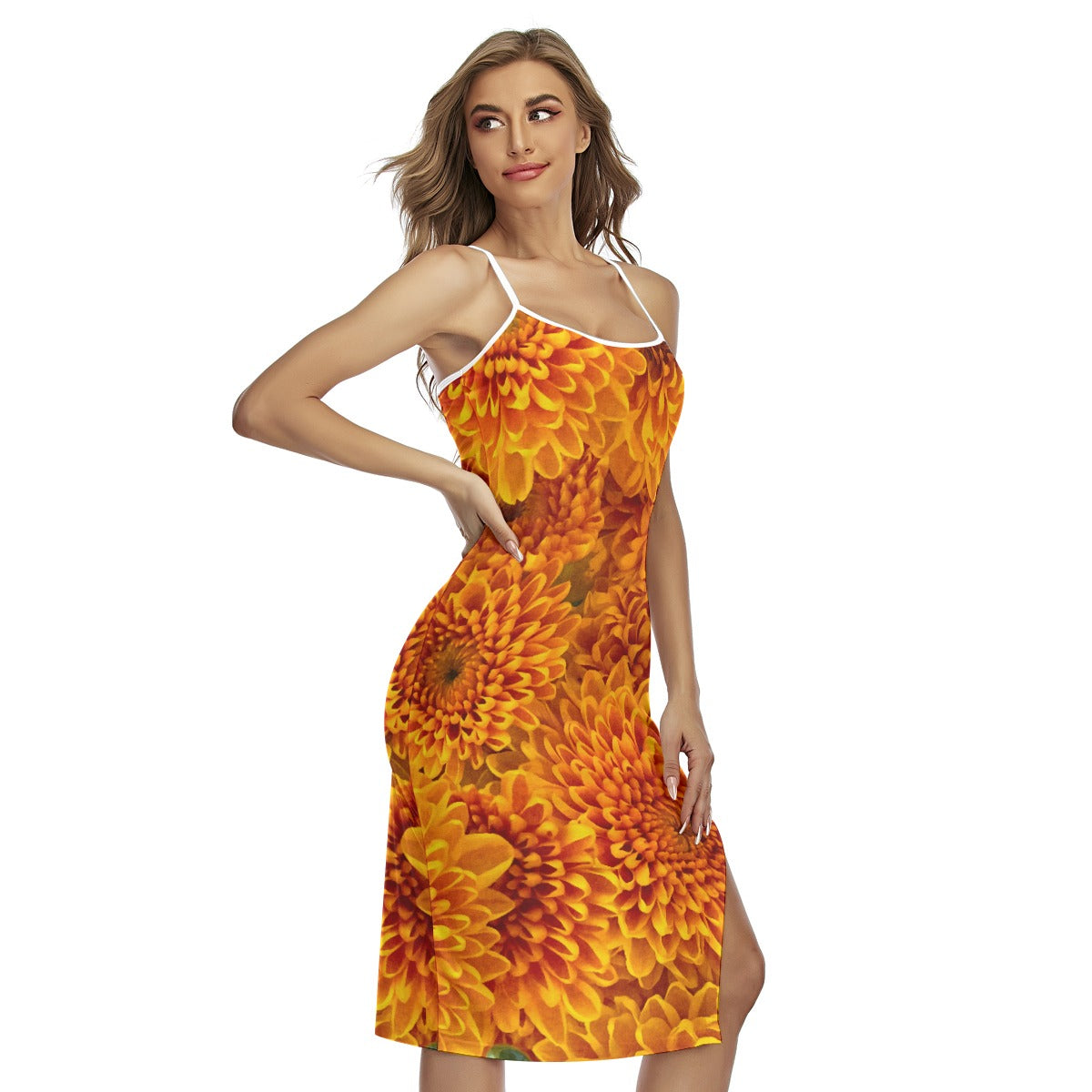“Orange Chrysanthemum” Women's Back Cross Cami Dress