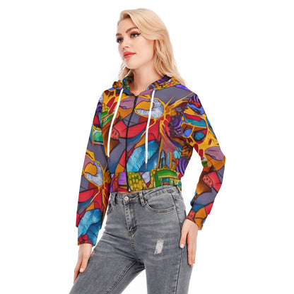 “Fractured Dreamscape” Women's Crop Top Hoodie With Zipper Closure