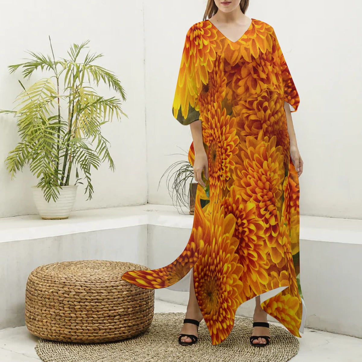 “Orange Chrysanthemum” Women's Imitation Silk V-neck Kaftan Robe