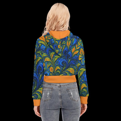 “Starry Night Blooms” Women's Crop Top Hoodie With Zipper Closure