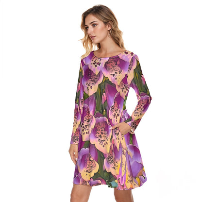 “Foxglove Cascade“ Women's Round Neck Dress|190GSM Cotton