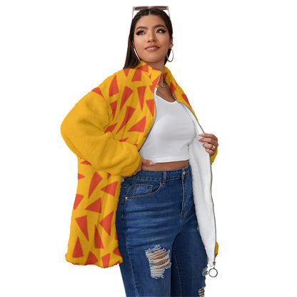 “Tangerine Tease” Unisex Borg Fleece Stand-up Collar Coat With Zipper Closure(Plus Size)