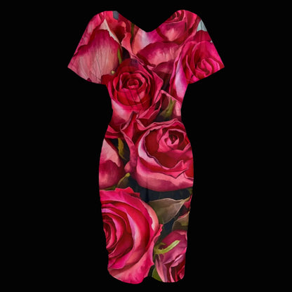 “Rose Red” Women's V-neck pleated dress