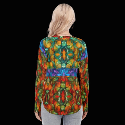 “Kaleidoscopic Spectrum” Women's Raglan Sleeves U-Shaped Hem Long Sleeves Blouse
