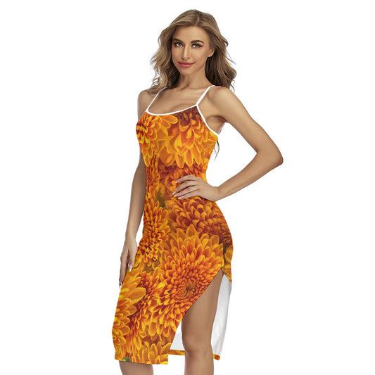 “Orange Chrysanthemum” Women's Back Cross Cami Dress