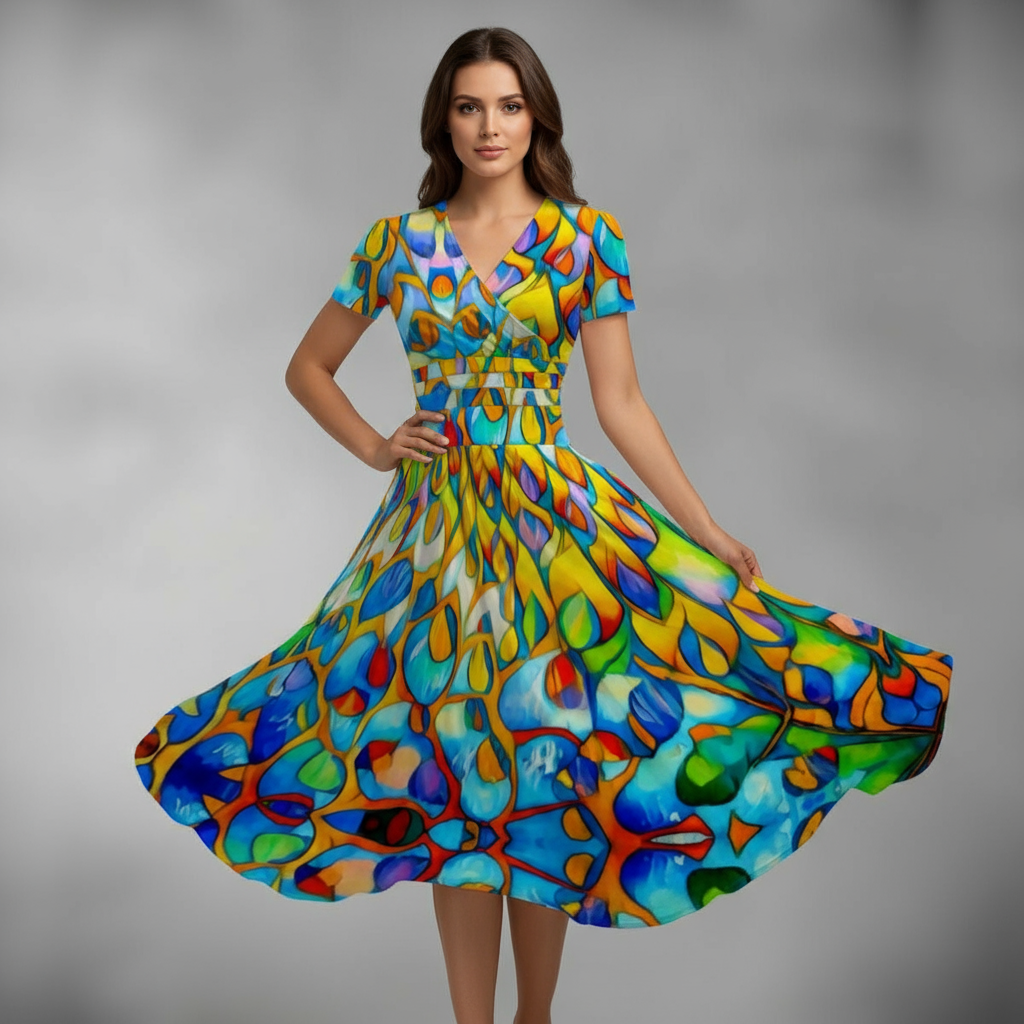 “Prism” Women's Short Sleeve V Neck Midi Dress