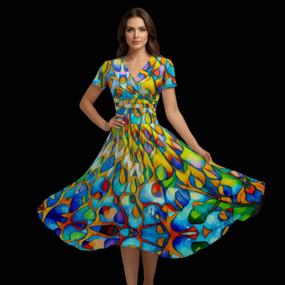 “Prism” Women's Short Sleeve V Neck Midi Dress