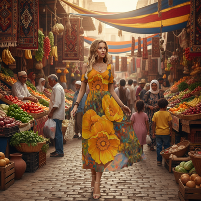 “Golden Cascade” Women's V-neck Off-shoulder Dress